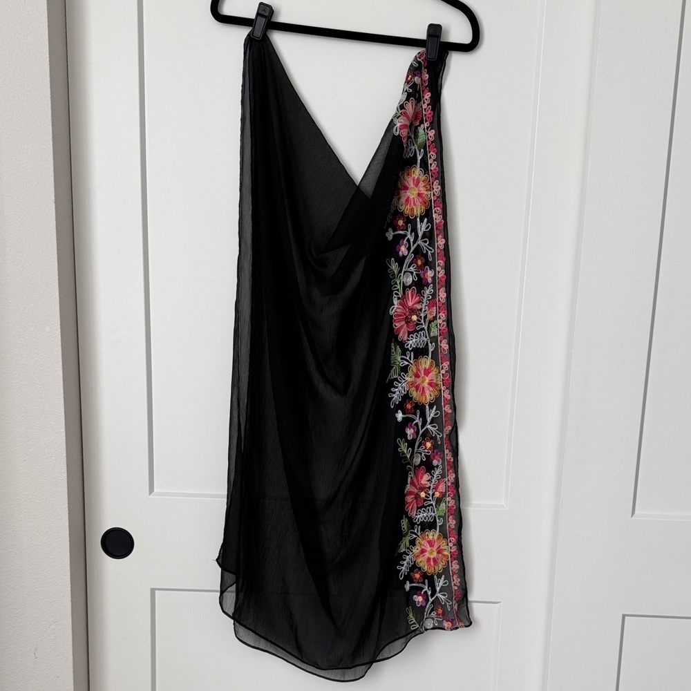 Black Sheer Floral Embroidered Scarf